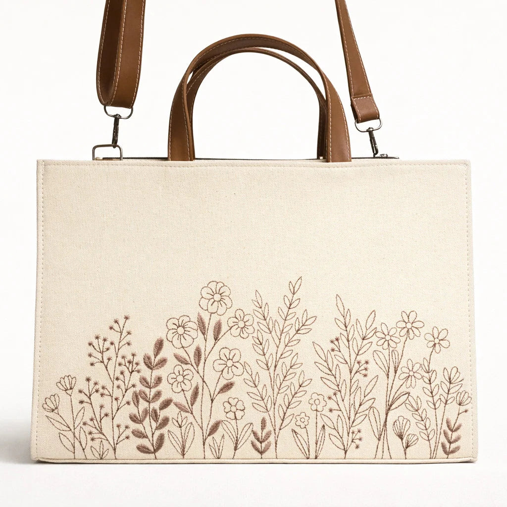 "Botanical Sketch Denim Handbag – Neutral Floral Embroidery with Tan Leather Straps"