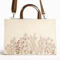 "Botanical Sketch Denim Handbag – Neutral Floral Embroidery with Tan Leather Straps"