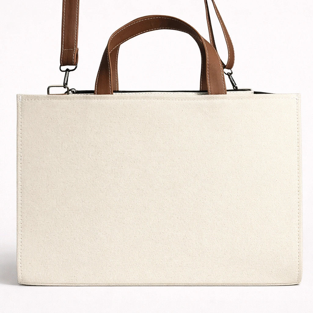 "Botanical Sketch Denim Handbag – Neutral Floral Embroidery with Tan Leather Straps"