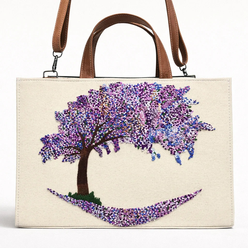 "Jacaranda Dream Handcrafted Handbag – Textured French Knot Tree Design"