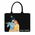 Personalized Divine Love Radha Krishna Tote | Custom Name Black Denim Bag