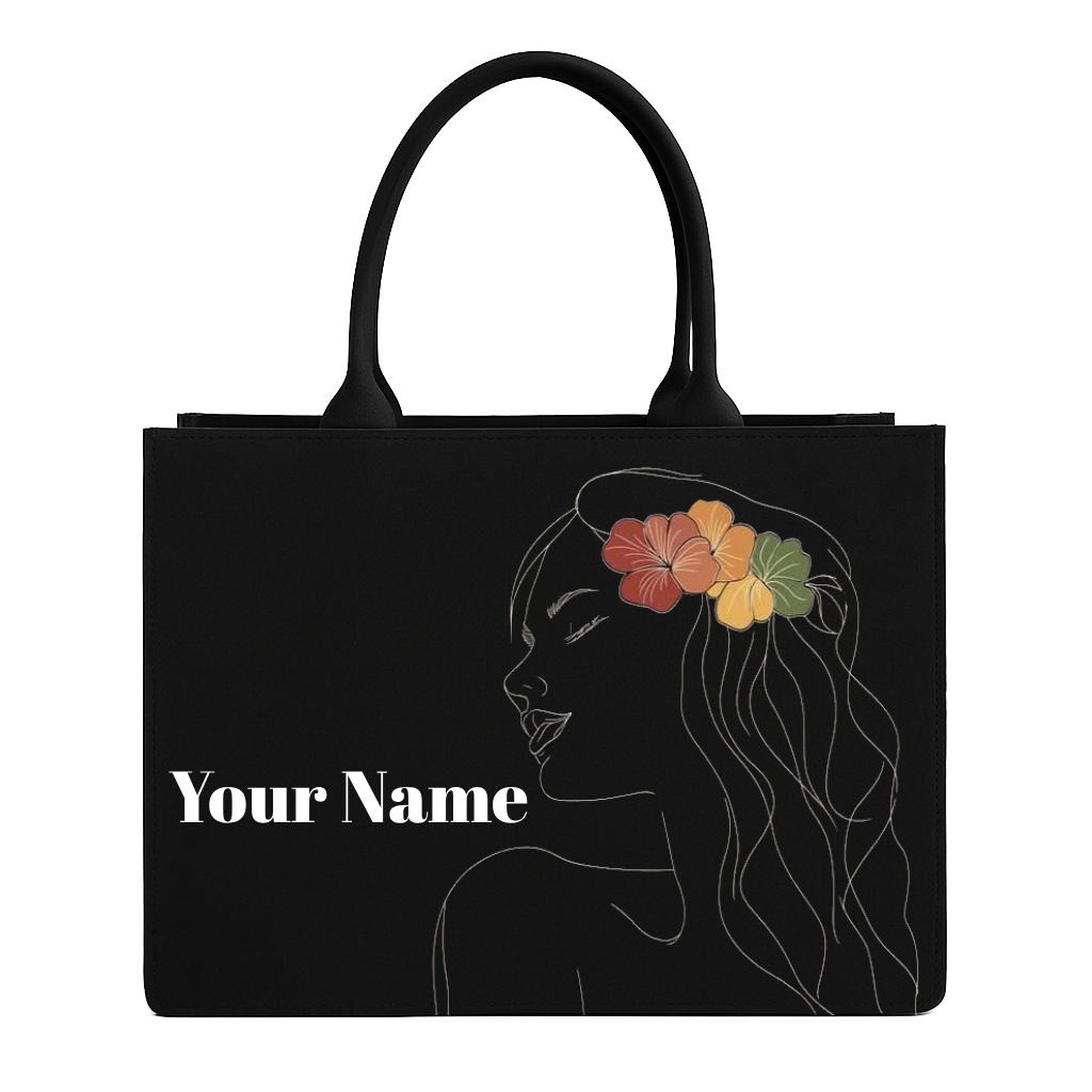 Custom Name Black Tote Bag – Large Reusable Shopping Bag with Floral Design – Personalized Women's Beach & Travel Tote