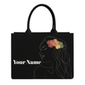 Custom Name Black Tote Bag – Large Reusable Shopping Bag with Floral Design – Personalized Women's Beach & Travel Tote