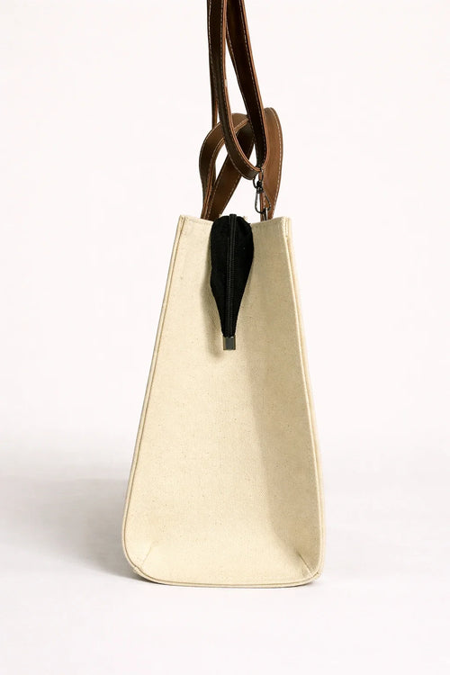 "Botanical Sketch Denim Handbag – Neutral Floral Embroidery with Tan Leather Straps"